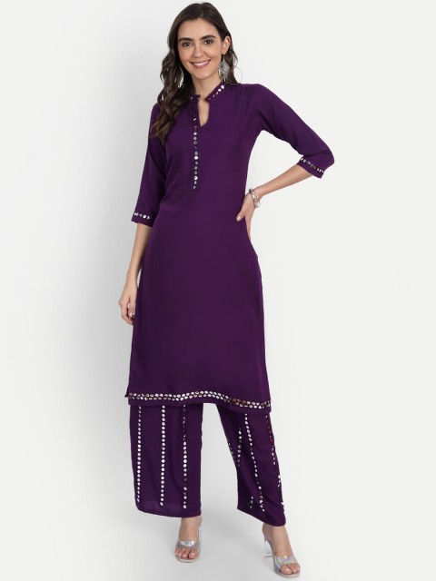 

ASPORA Women Purple Embroidered Mukaish Kurti with Palazzo