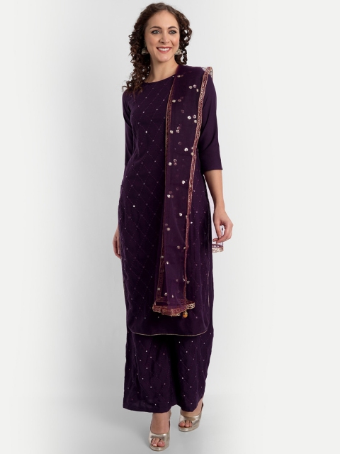 

ASPORA Women Purple Mirror Work Kurti With Palazzos & With Dupatta