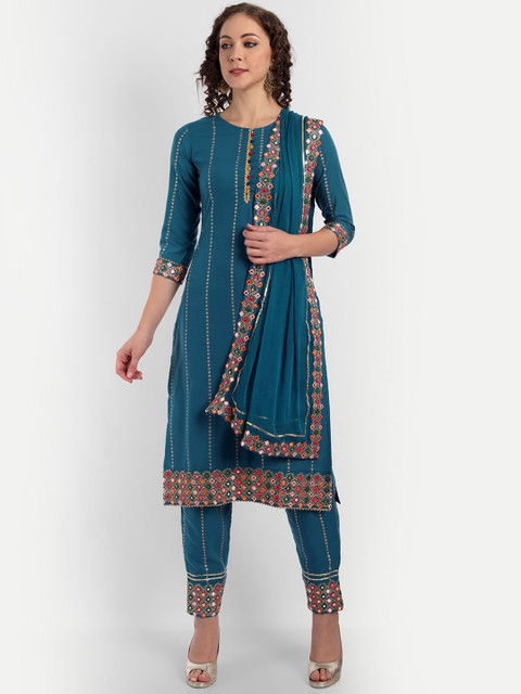

ASPORA Women Turquoise Blue Floral Embroidered Mirror Work Kurta Set