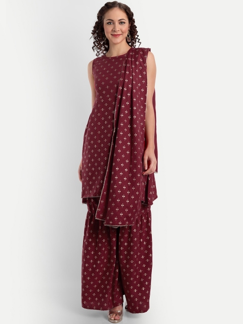

ASPORA Women Maroon Ethnic Motifs Printed Kurta with Sharara & With Dupatta