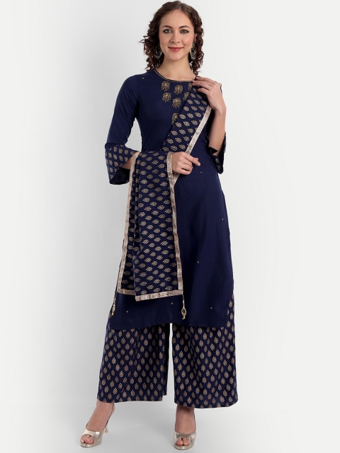 

ASPORA Women Blue Floral Embroidered Kurta with Sharara & With Dupatta