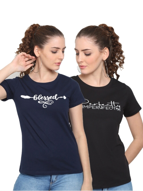 

UnaOne Women Black & Navy Blue Typography 2 Printed T-shirt