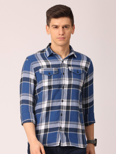 

Huggun Men Blue Premium Slim Fit Tartan Checks Checked Casual Shirt
