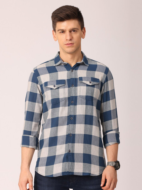 

Huggun Men Blue Premium Slim Fit Buffalo Checks Checked Casual Shirt