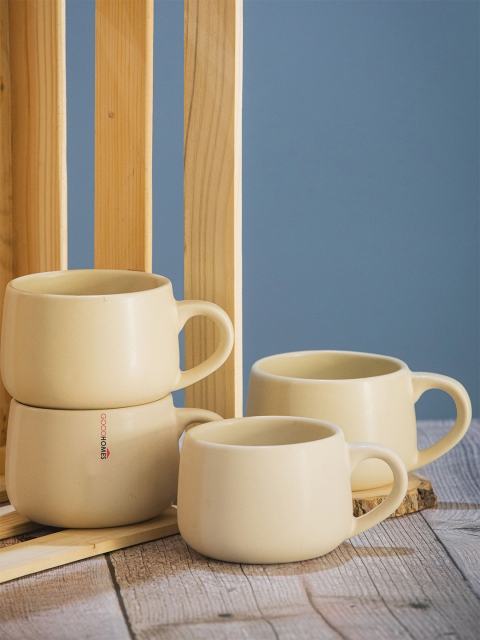 

GOODHOMES Off White Handcrafted Printed Stoneware Matte Mugs Set of Cups and Mugs