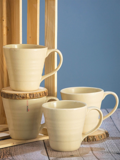 

GOODHOMES Off White Handcrafted Printed Stoneware Matte Mugs Set of Cups and Mugs