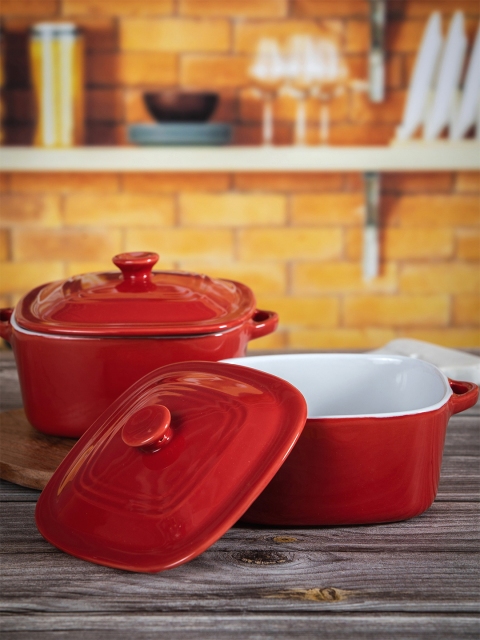 

GOODHOMES Red & 2 Pieces Floral Printed Stoneware Matte Bowls