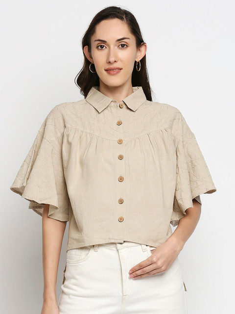 

MOD ECRU Cream-Coloured Floral Embroidered Smocked Shirt Style Crop Top
