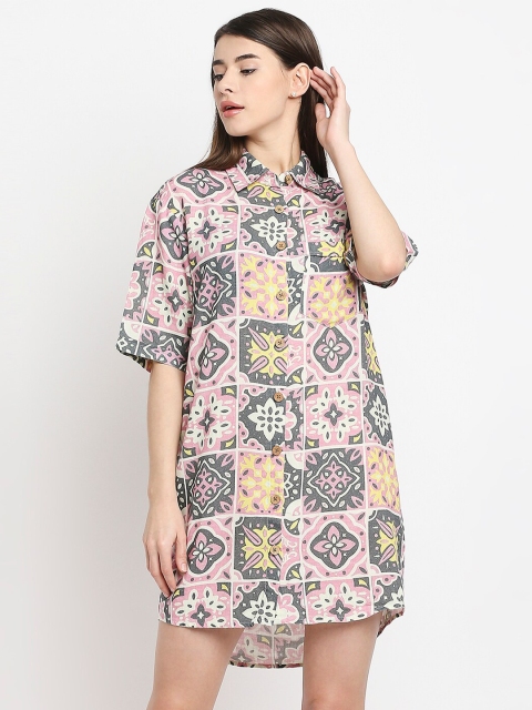 

MOD ECRU Women Purple Ethnic Motifs Linen Shirt Dress