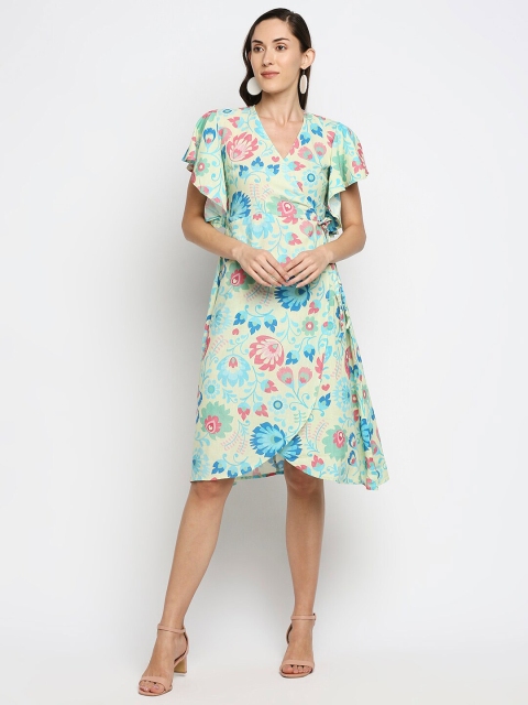 

MOD ECRU Women Yellow Printed Floral Wrap Dress Linen Dress
