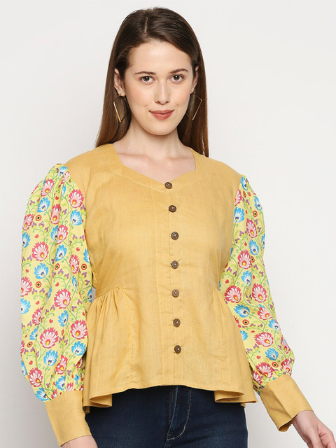 

MOD ECRU Women Khaki Floral Print Linen Top