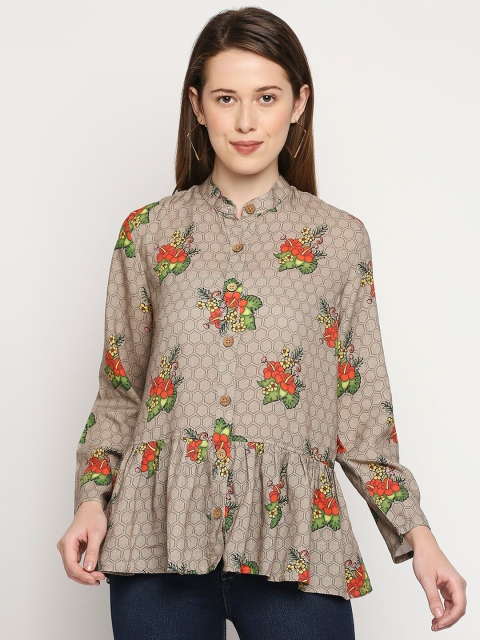 

MOD ECRU Women Grey Floral Print Mandarin Collar Ruffles Linen Peplum Top