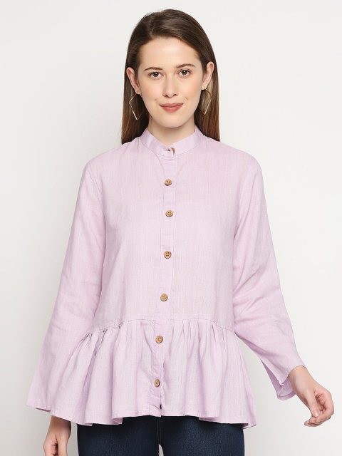 

MOD ECRU Lavender Mandarin Collar Ruffles Linen Peplum Top