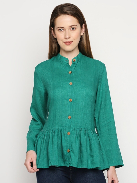 

MOD ECRU Green Mandarin Collar Linen Peplum Top