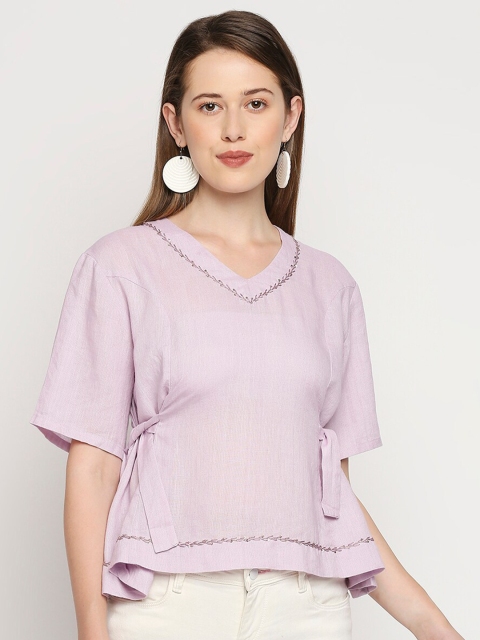 

MOD ECRU Women Lavender Kantha Embroidery Linen Top