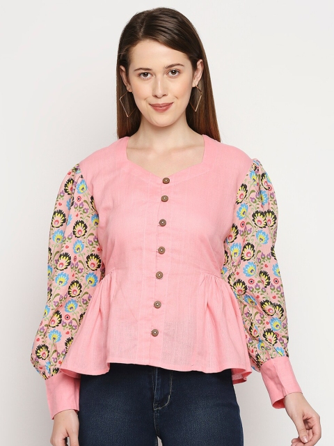 

MOD ECRU Pink Floral Print Linen Peplum Top
