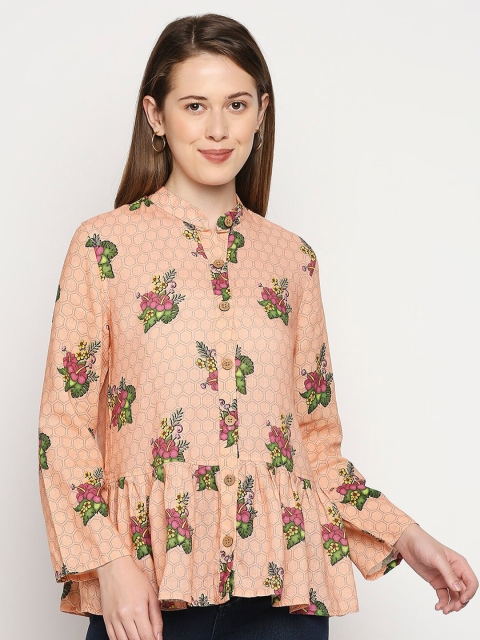 

MOD ECRU Women Peach-Coloured Floral Print Mandarin Collar Linen Peplum Top