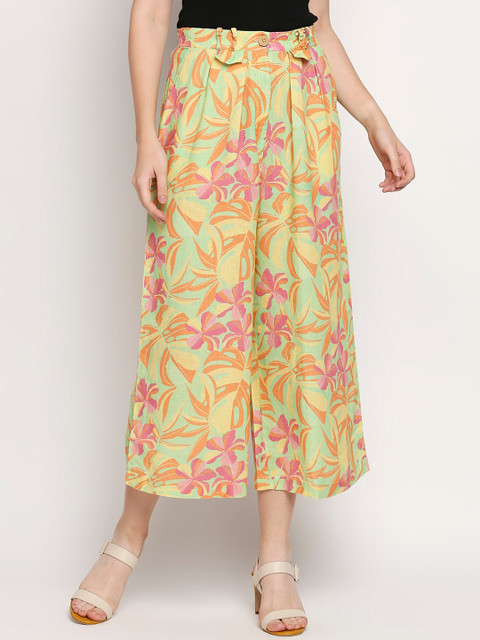 

MOD ECRU Women Green Floral Printed Original Pleated Culottes Trousers