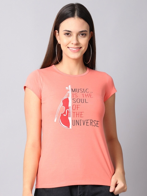 

Gallus Women Peach-Coloured Typography Printed Raw Edge T-shirt