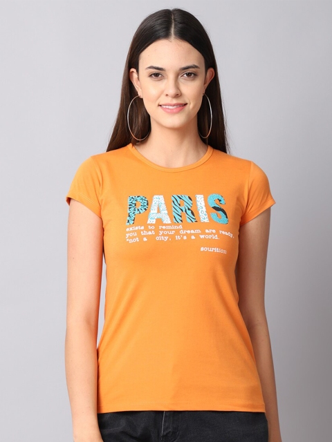 

Gallus Women Orange Typography Printed Applique T-shirt