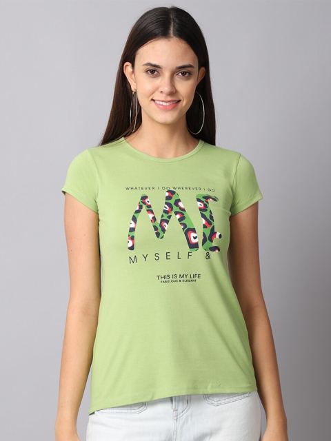 

Gallus Women Lime Green Printed Extended Sleeves Applique T-shirt