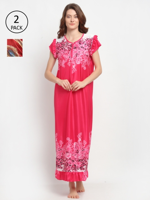 

NEUDIS Pack of 2 Women Red Printed Satin Maxi Nightdress