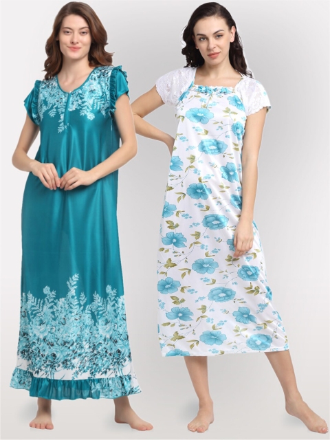 

NEUDIS Set Of 2 Women Blue And White Printed Maxi Nightdress
