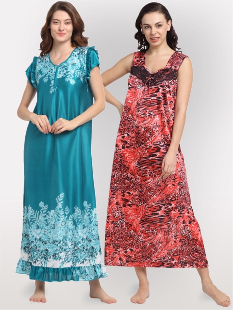 

NEUDIS Green and Orange Set of 2 Satin Blend Printed Night Dress
