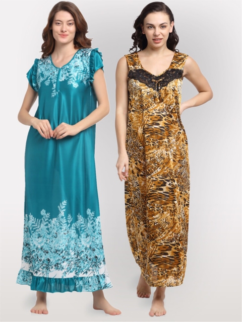 

NEUDIS Pack Of 2 Blue & Mustard Printed Maxi Nightdress-N21WNT2