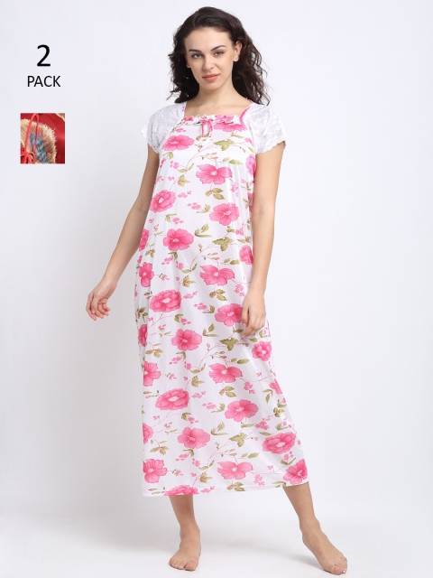 

NEUDIS Women Pack of 2 White Printed Maxi Nightdress