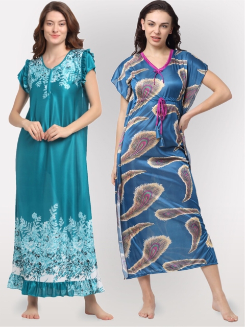 

NEUDIS Women Set of 2 Green & Blue Satin Blend Printed Nightdress