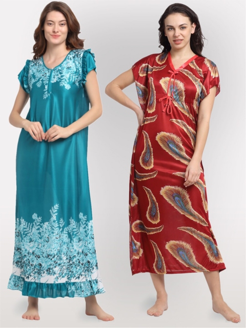 

NEUDIS Pack of 2 Multicoloured Printed Satin Maxi Nightdress, Multi