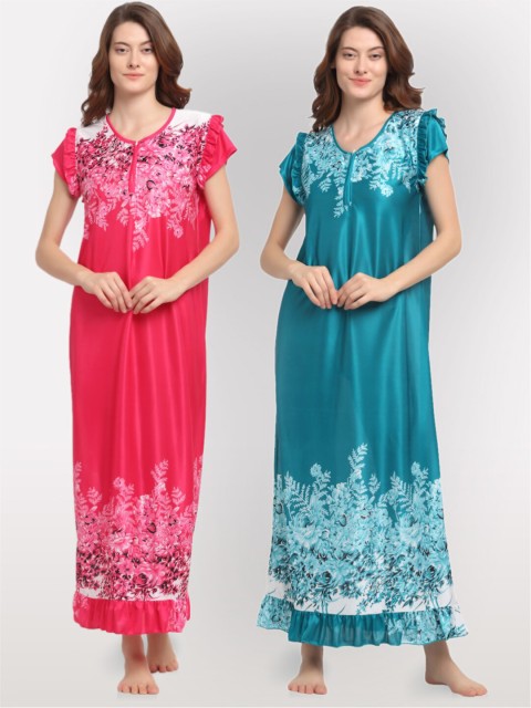 

NEUDIS Red & Blue Set Of 2 Printed Satin Nightdress