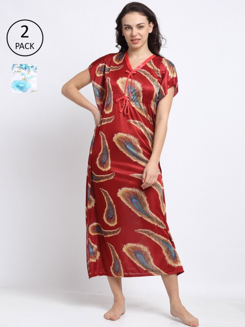 

NEUDIS Women Pack of 2 Maroon Printed Maxi Nightdress