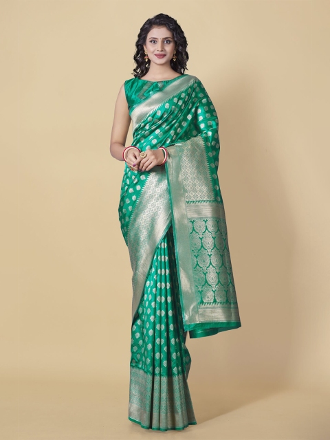 

Wuxi Teal Green & Silver-Toned Woven Design Zari Pure Silk Banarasi Saree