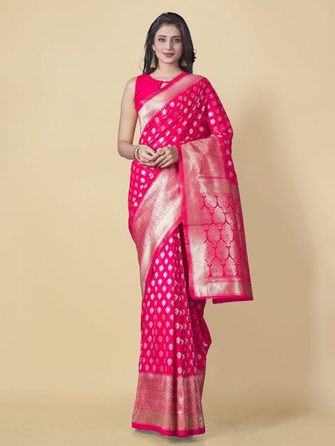

Wuxi Pink & Silver-Toned Ethnic Motifs Zari Pure Silk Banarasi Saree