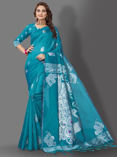 

Wuxi Teal & Silver-Toned Ethnic Motifs Pure Silk Banarasi Saree