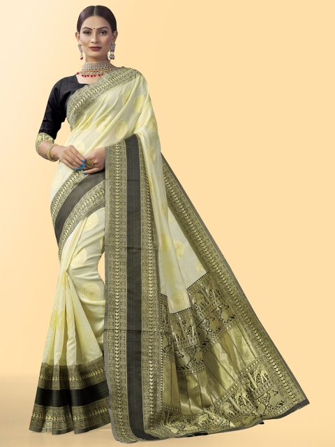 

Wuxi Cream-Coloured & Green Woven Design Pure Silk Kanjeevaram Saree