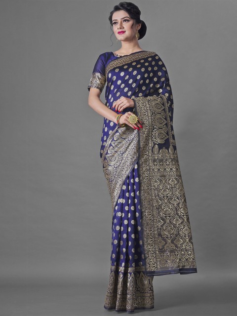 

Wuxi Navy Blue & Silver-Toned Woven Design Pure Silk Banarasi Saree