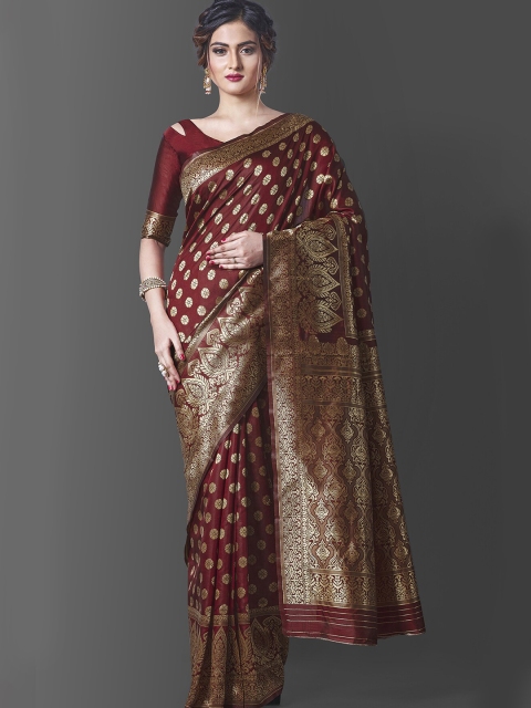 

Wuxi Maroon & Gold-Toned Woven Design Zari Pure Silk Banarasi Saree
