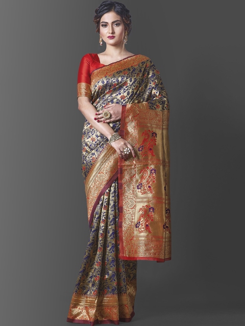 

Wuxi Navy Blue & Orange Floral Zari Pure Silk Banarasi Saree