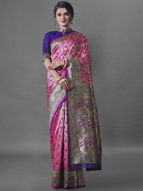 

Wuxi Pink & Navy Blue Floral Zari Pure Silk Banarasi Saree