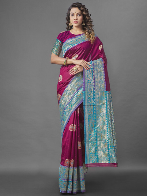 

Wuxi Magenta & Blue Floral Zari Pure Silk Banarasi Saree