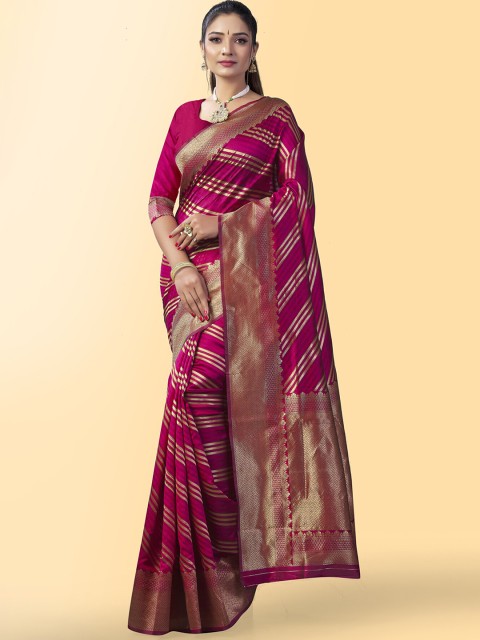 

Wuxi Magenta & Gold-Toned Woven Design Zari Pure Silk Leheriya Saree