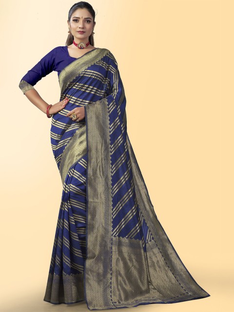 

Wuxi Blue & Gold-Toned Striped Zari Pure Silk Leheriya Saree