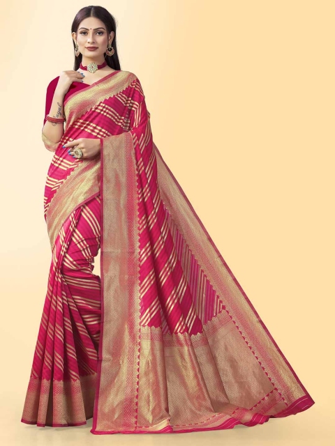 

Wuxi Pink & Gold-Toned Striped Pure Silk Leheriya Saree