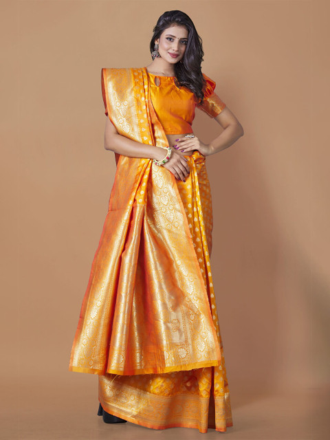 

Wuxi Orange & Silver-Toned Ethnic Motifs Zari Pure Silk Banarasi Saree