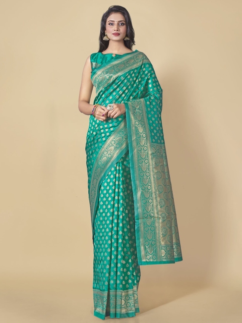 

Wuxi Teal & Gold-Toned Ethnic Motifs Pure Silk Banarasi Saree