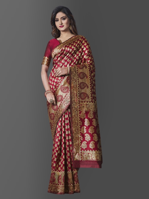 

Wuxi Maroon & Gold-Toned Ethnic Motifs Zari Pure Silk Banarasi Saree