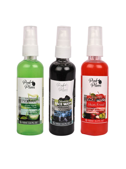 

Pink Plums Set of 3 Paraben Free Face Wash - Aloe Vera + Charcoal + Skin Fruit -100ml each, Green